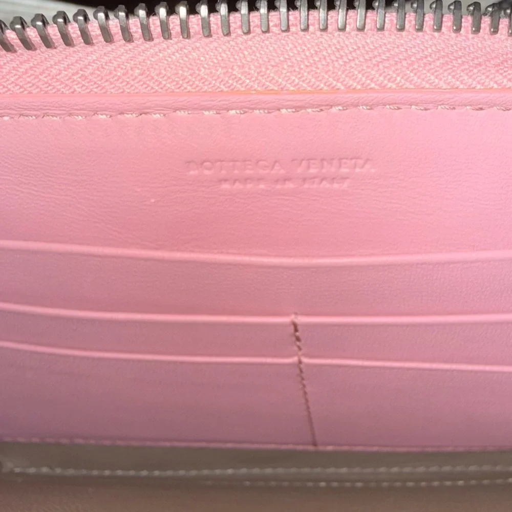 Bottega Veneta Pink and Brown Intrecciato Zip Wallet